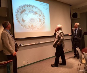 Dr. Timothy Brook, Dr. Jan Walls, Dr. Paul Crowe puzzling out the characters on the Swatow-Ware bowl.